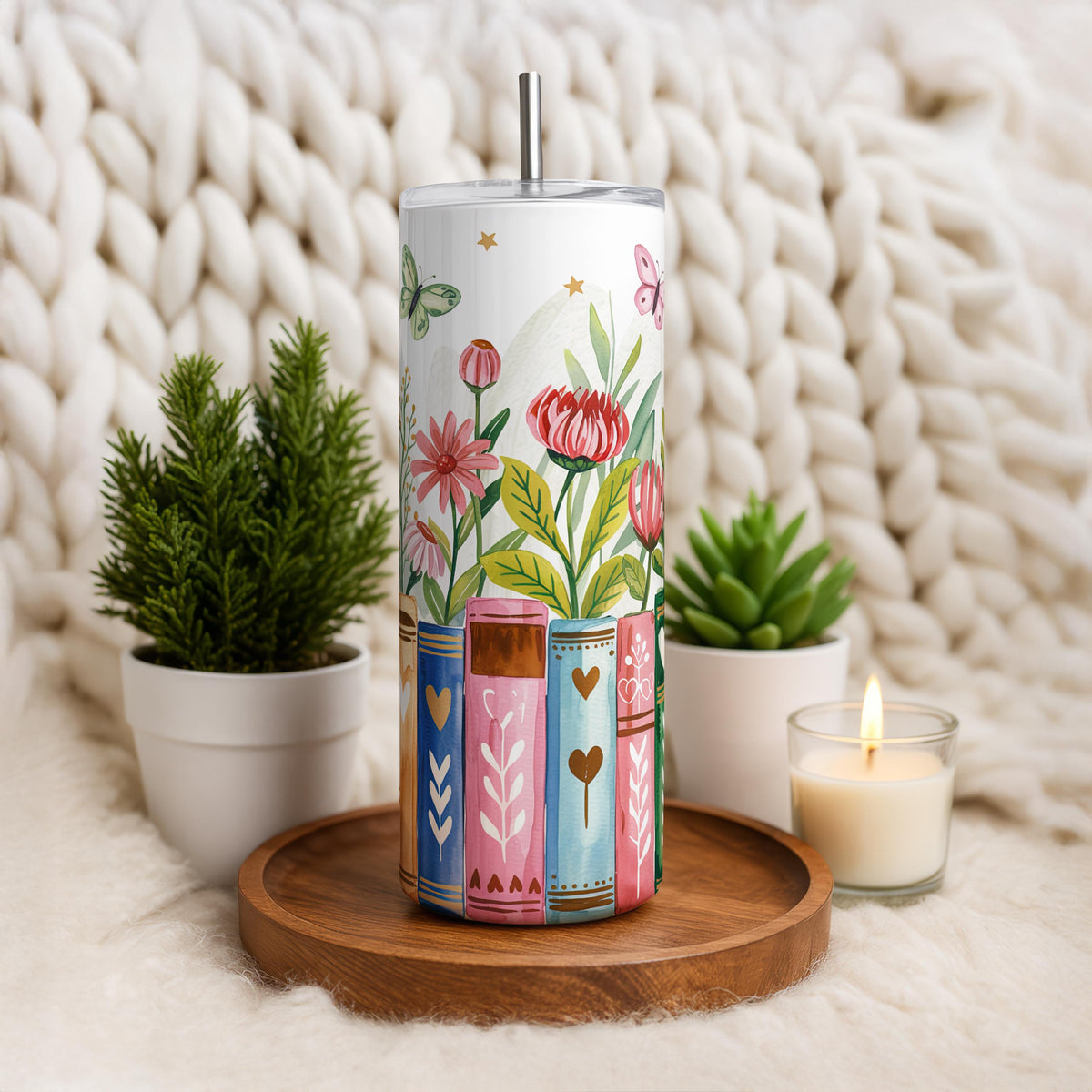 Floral Books Butterflies Tumbler, Nature Lover Bookworm Steel Travel Mug