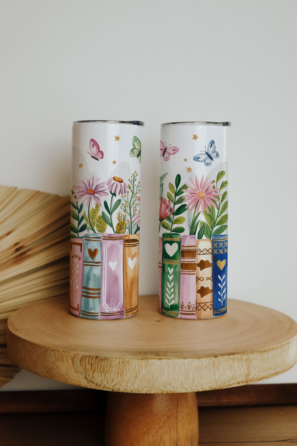 Floral Books Butterflies Tumbler, Nature Lover Bookworm Steel Travel Mug