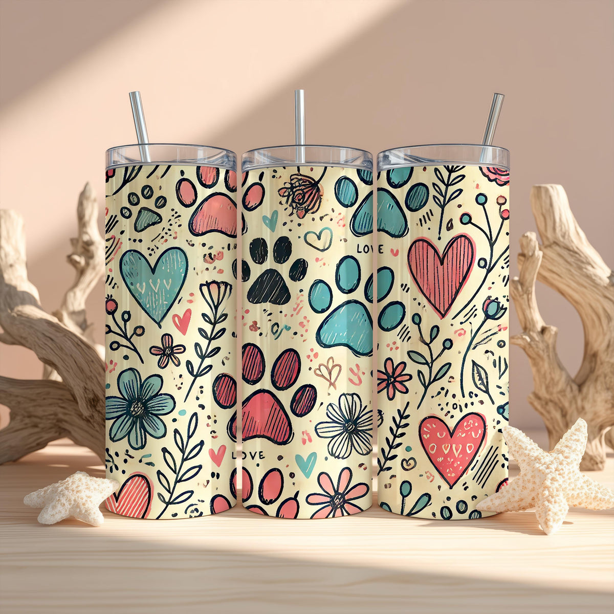 Floral Dog Lover On The Go Tumbler, Dog Paws And Hearth Pattern Stainless Steel Tumbler