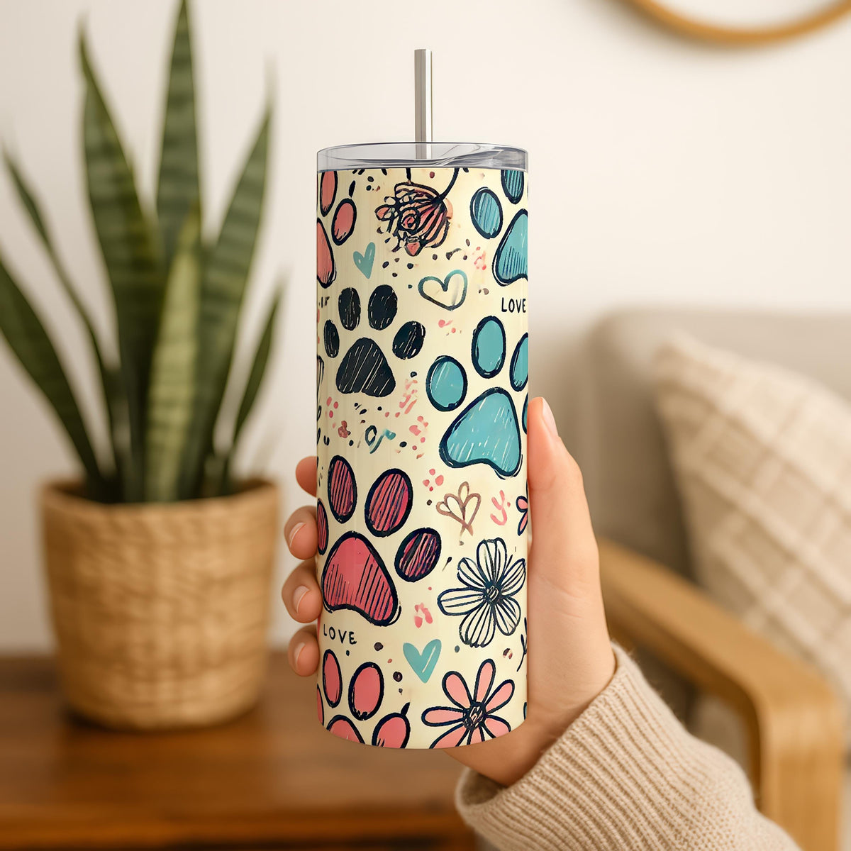 Floral Dog Lover On The Go Tumbler, Dog Paws And Hearth Pattern Stainless Steel Tumbler