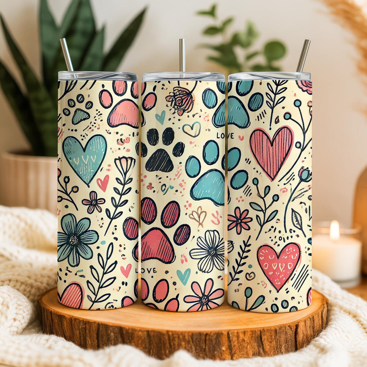 Floral Dog Lover On The Go Tumbler, Dog Paws And Hearth Pattern Stainless Steel Tumbler