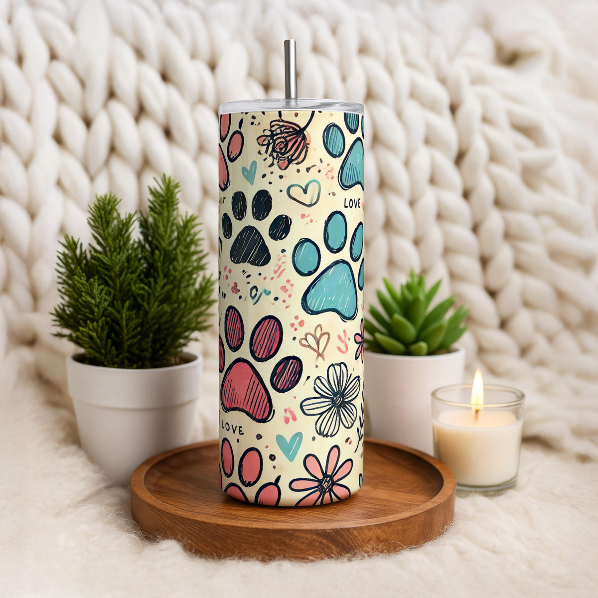 Floral Dog Lover On The Go Tumbler, Dog Paws And Hearth Pattern Stainless Steel Tumbler