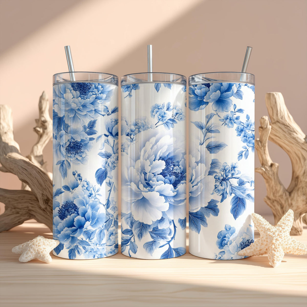 Elegant Blue Peony Flower Design Tumbler, Chinoiserie Porcelain Theme Floral Insulated Tumbler