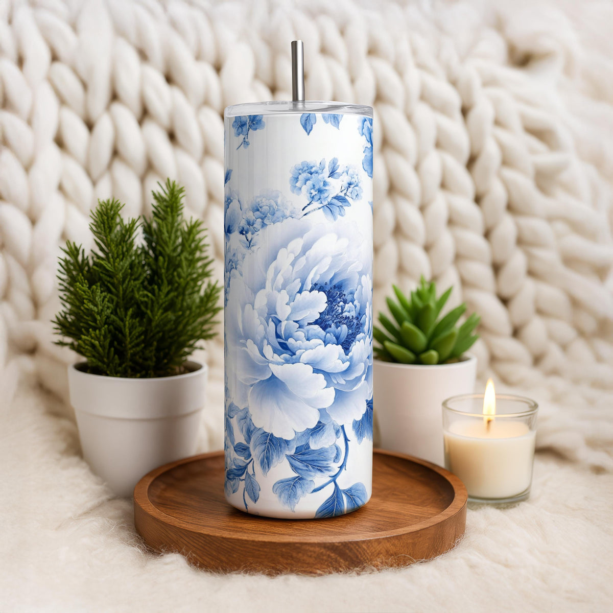 Elegant Blue Peony Flower Design Tumbler, Chinoiserie Porcelain Theme Floral Insulated Tumbler