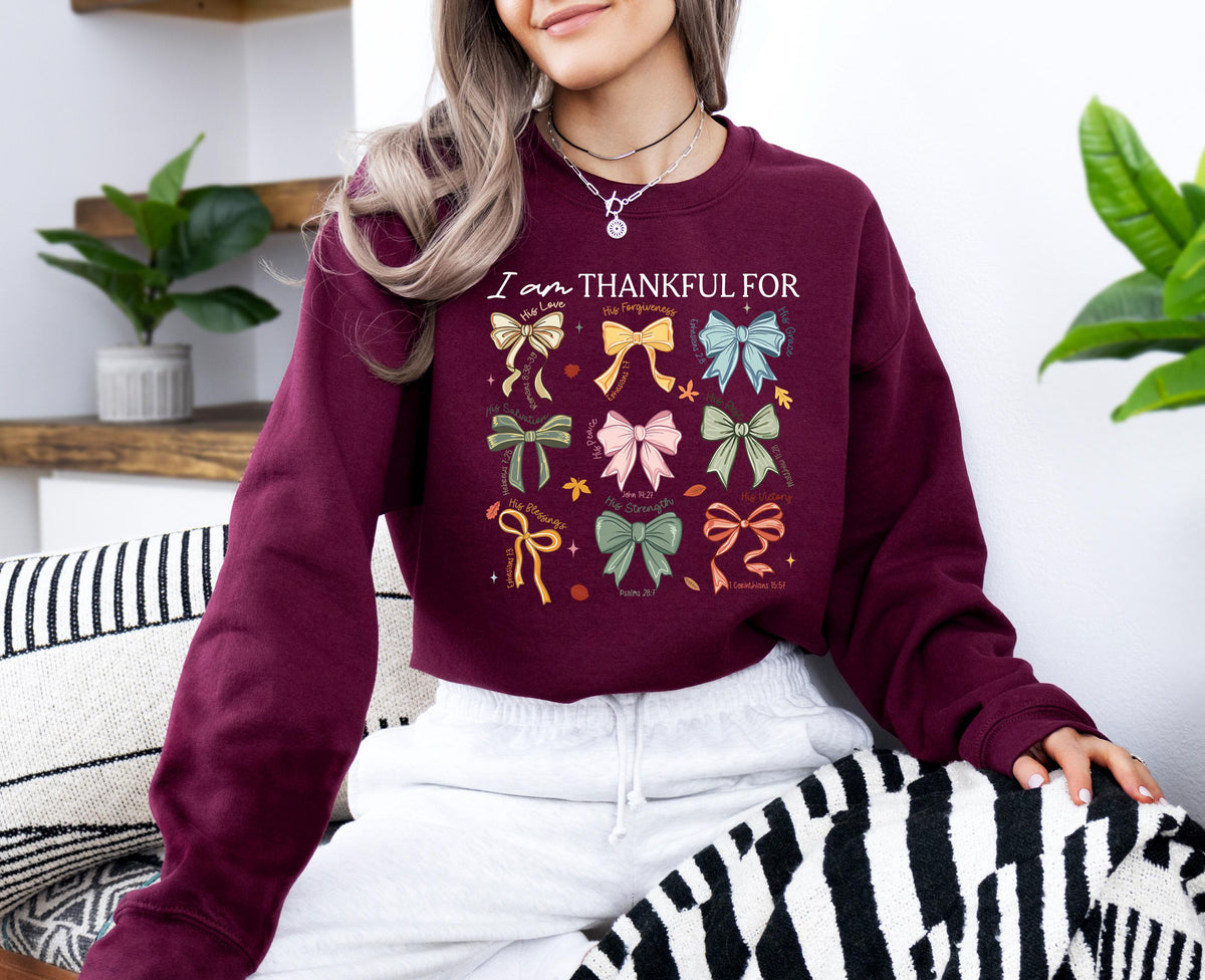 Coquette Bow I am Thankful for Sweatshirt, Thanksgiving Religious Women Hoodie, Bible Verse Thankful Sweat, Christian Thanksgiving Sweater