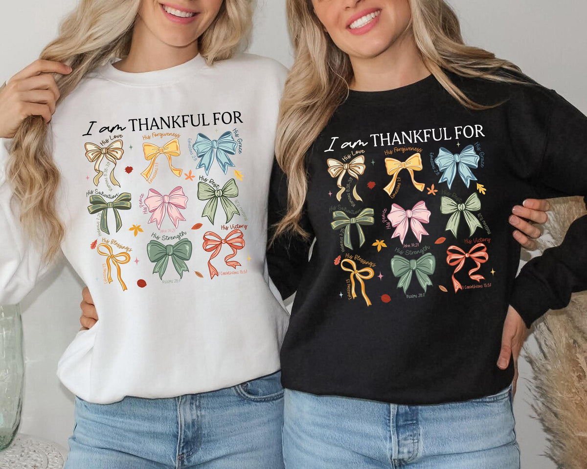 Coquette Bow I am Thankful for Sweatshirt, Thanksgiving Religious Women Hoodie, Bible Verse Thankful Sweat, Christian Thanksgiving Sweater
