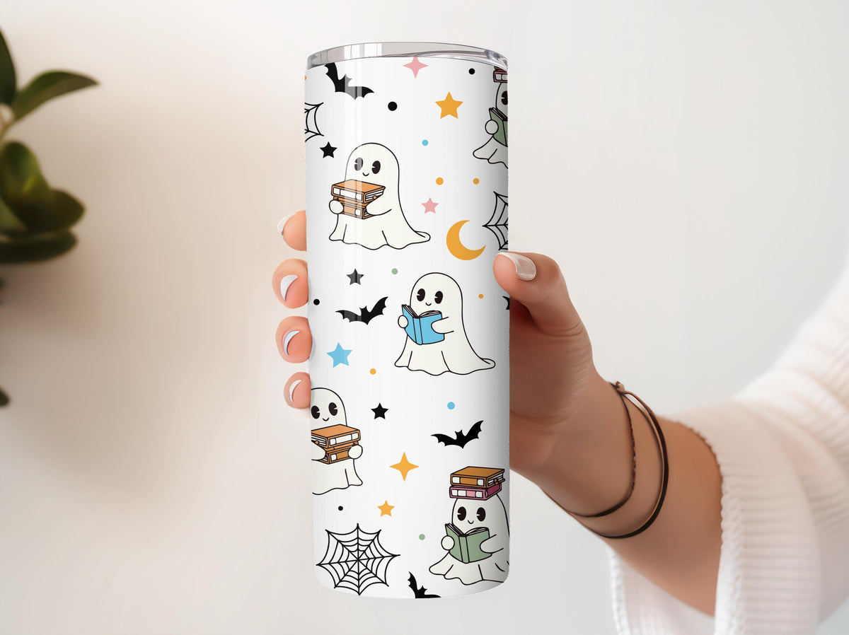 Bookworm Ghost Design Halloween Tumbler With Straw, Spooky Season Kids Drinkware