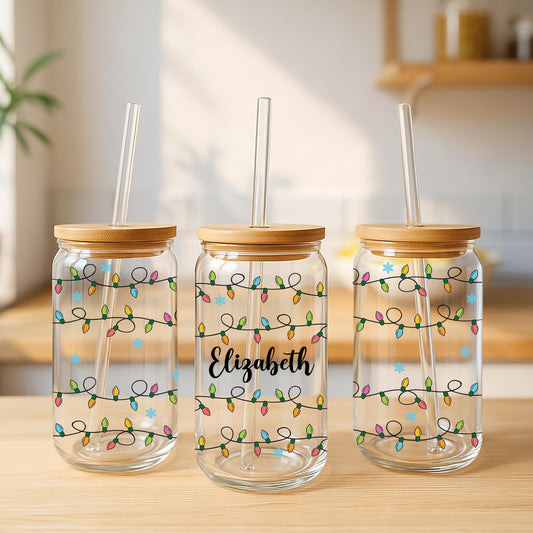 Custom Name Christmas Lights Can Glass Tumbler, Merry Christmas Gift For Her