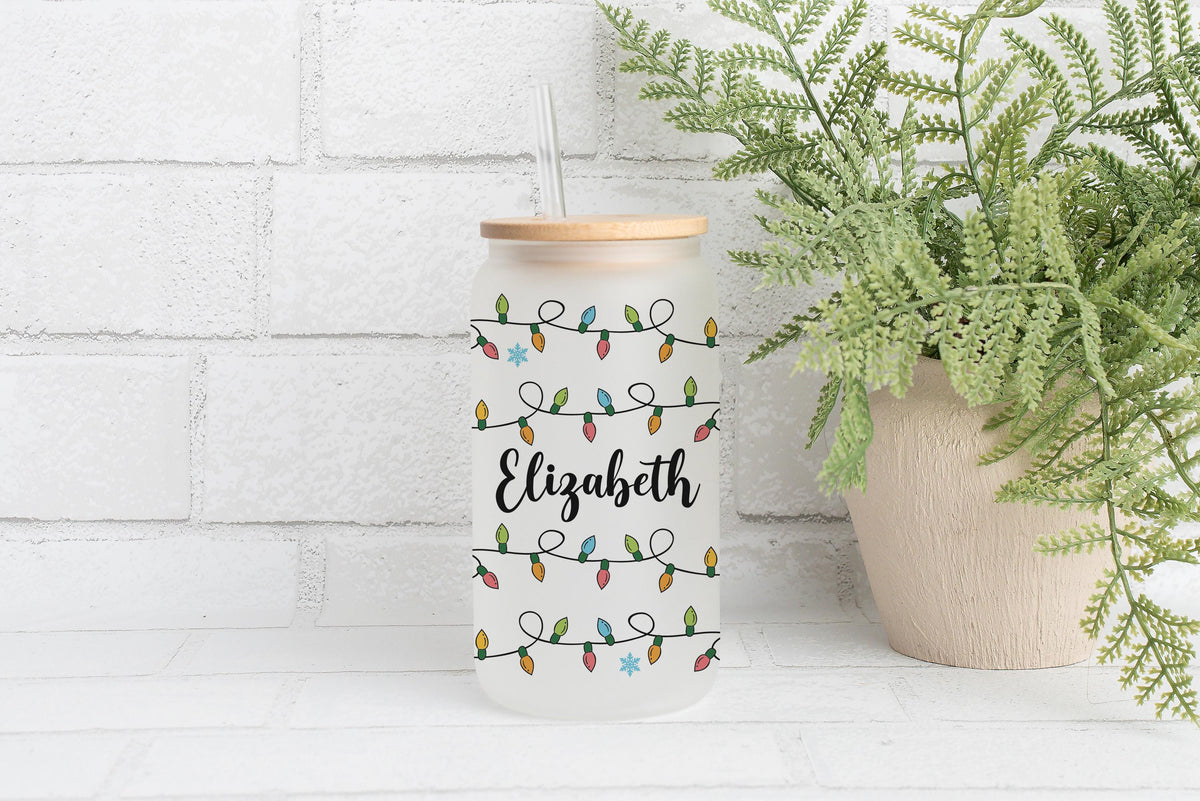 Custom Name Christmas Lights Can Glass Tumbler, Merry Christmas Gift For Her