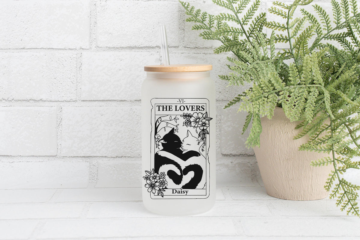 Personalizable Cat Design The Lovers Can Glass Tumbler, Cute Tarot Card Lover Girlfriend Gift