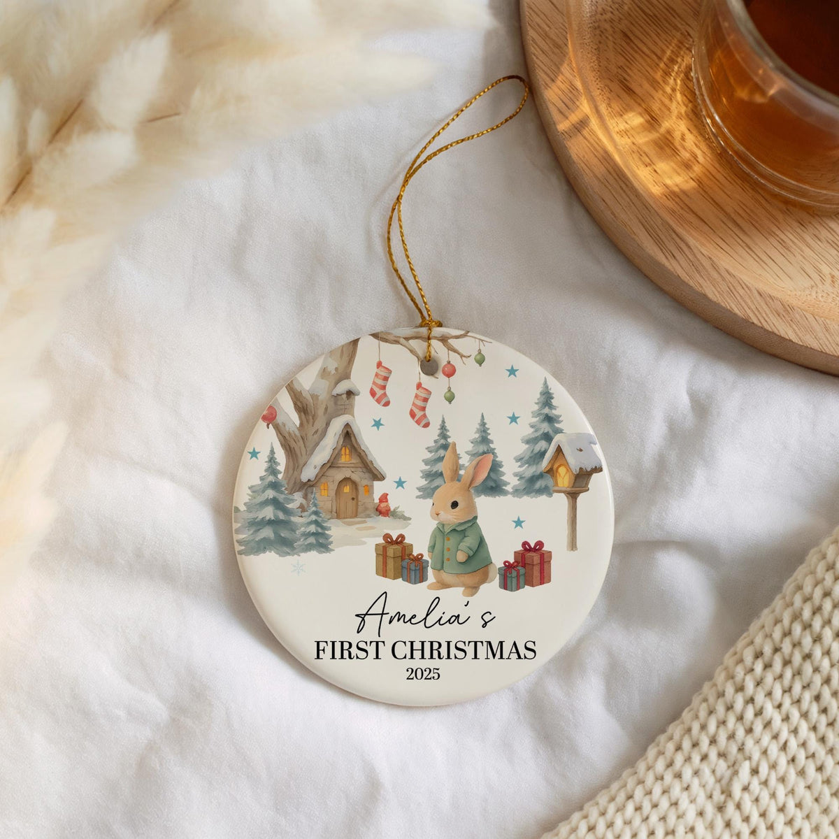 Custom Name Baby's First Christmas Ornament, Rabbit Design New Born Ceramic Xmas Keepsake