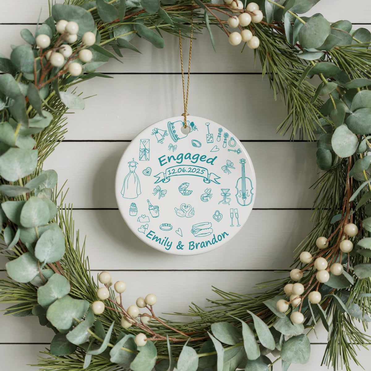 Personalized Engaged Ceramic Ornament, Colorful Doodle Design Engagement Gift