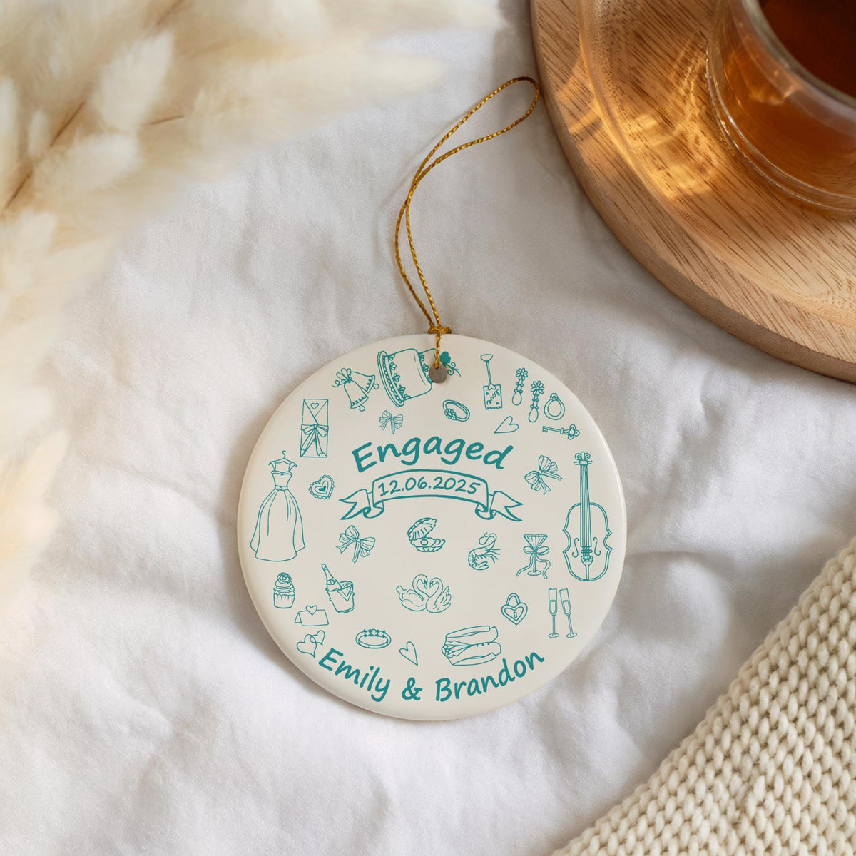 Personalized Engaged Ceramic Ornament, Colorful Doodle Design Engagement Gift