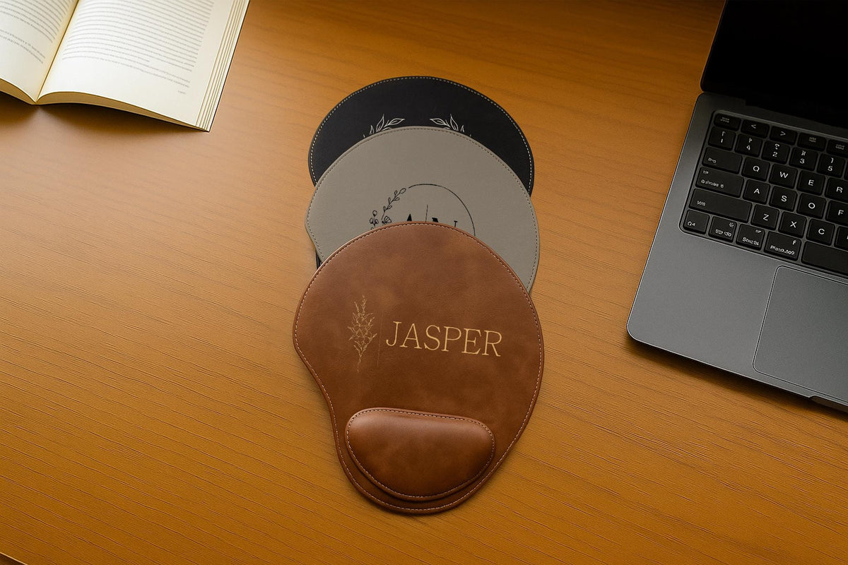 Monogrammed Vegan Leather Mouse Pad, Laser Engraved Desk Accessory
