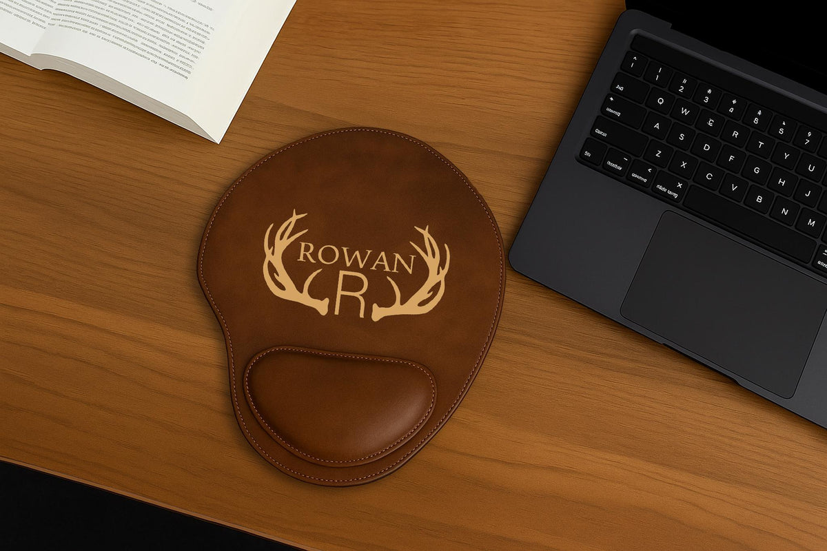 Personalized Vegan Leather Mousepad, Engraved Office Desk Pad with Wrist Support