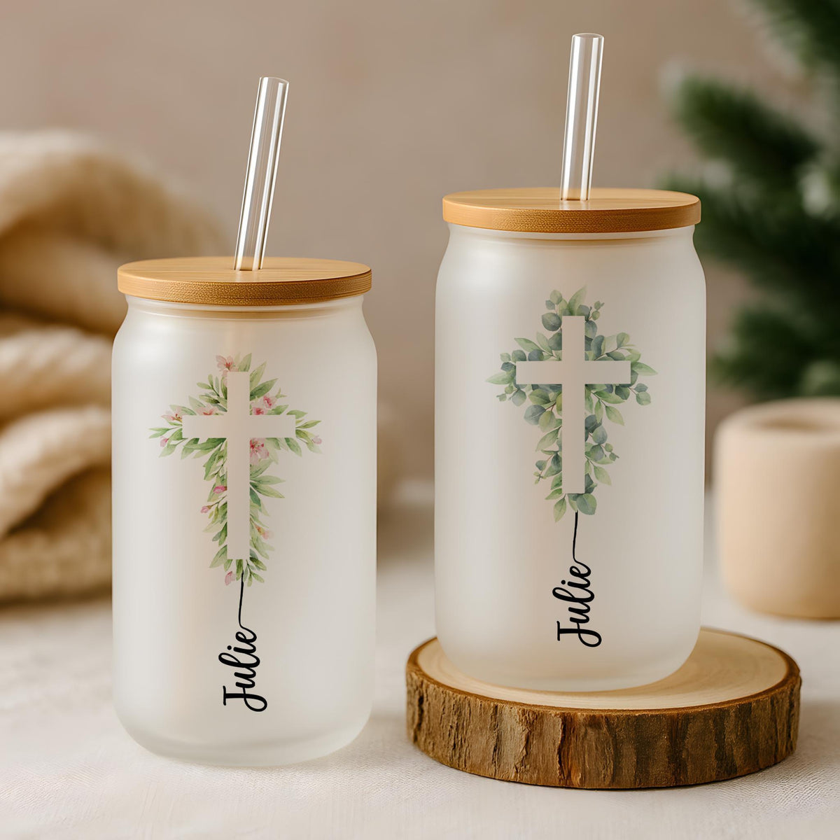 Customizable Floral Cross Can Glass Tumbler, Aesthetic Christian Gift For Her