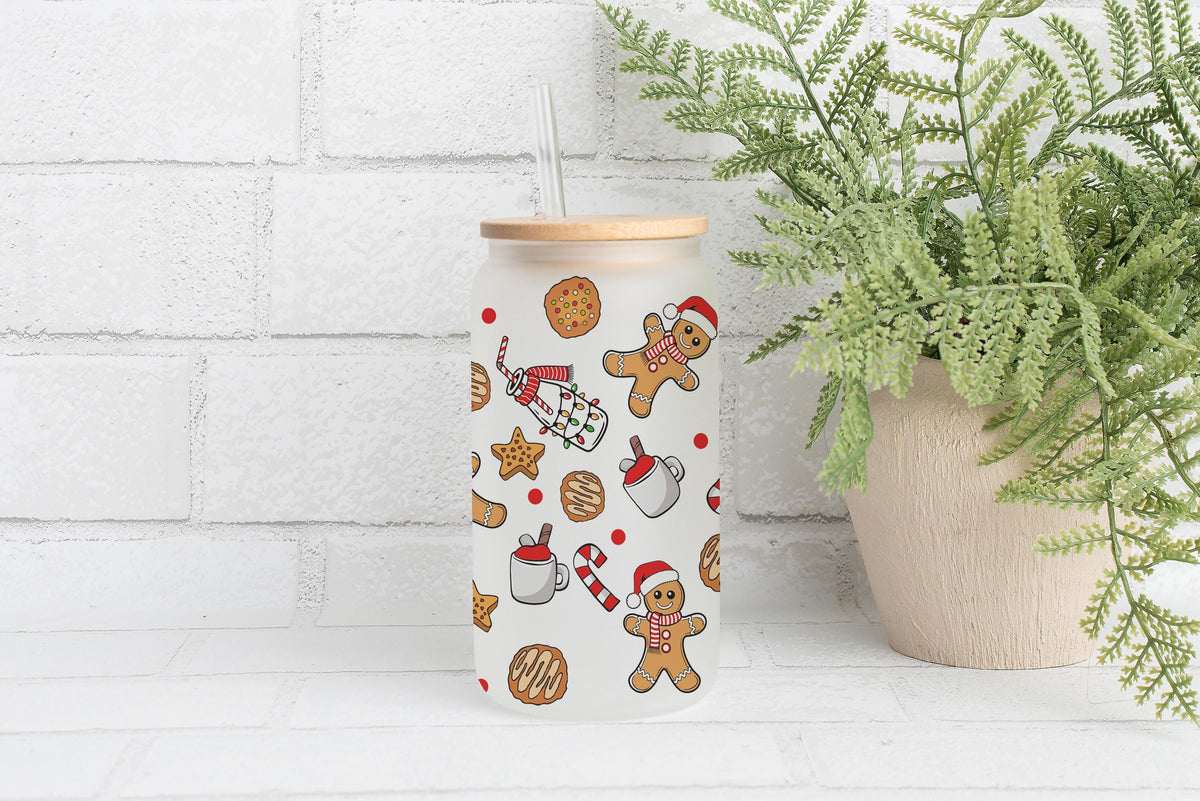Gingerbread Man Pattern Can Glass Tumbler, Cute Christmas Party Cups, Xmas Holiday Hostess Gift