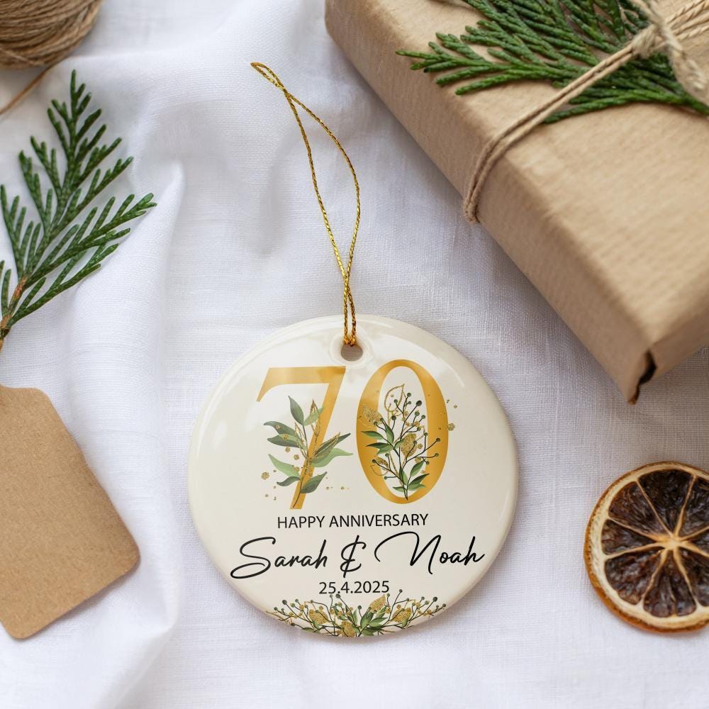 Customizable Happy Anniversary Ornament, Floral Wedding Date Celebration Gift