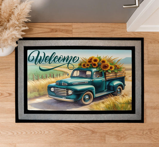 Vintage Truck with Sunflowers Welcome Doormat, Retro Farmhouse Welcome Mat
