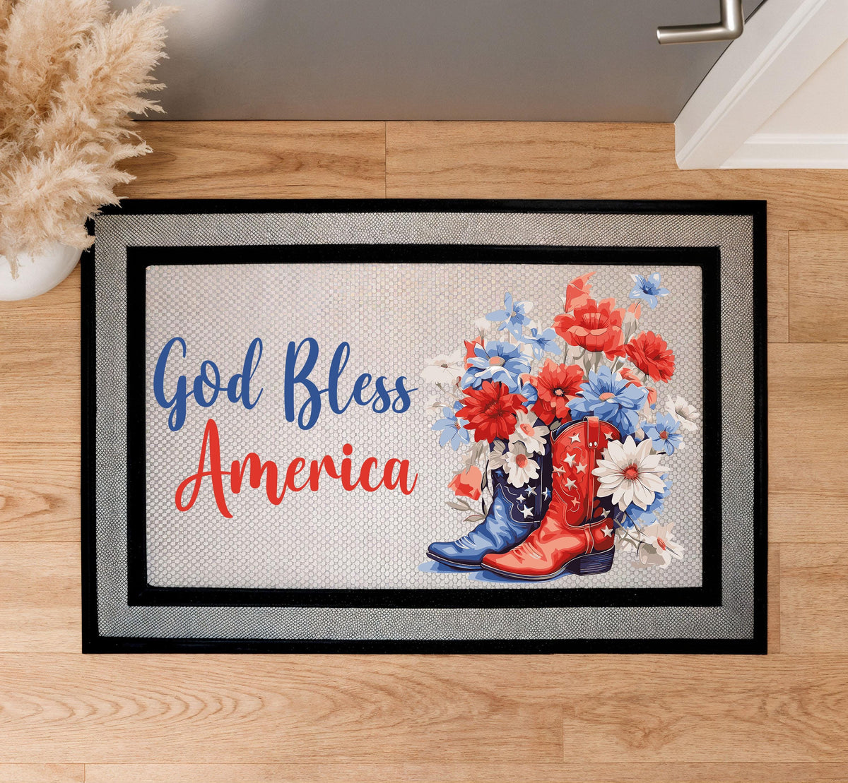 God Bless America Doormat, Patriotic Cowboy Boots Welcome Mat, 4th of July Door Mat
