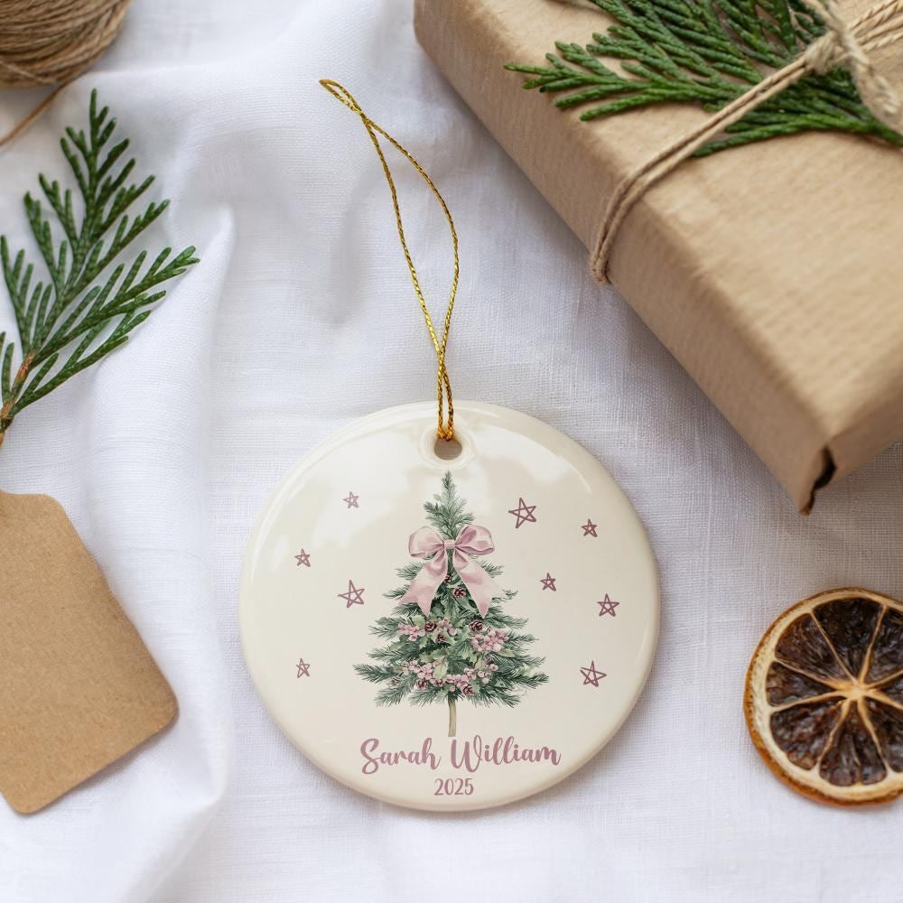 Custom Name Christmas Tree Design Ornament, Pink Coquette Christmas Gift For Her