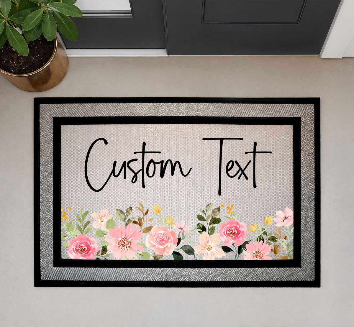 Custom Text Floral Doormat, Personalized Welcome Mat, Boho Roses Front Porch Decor