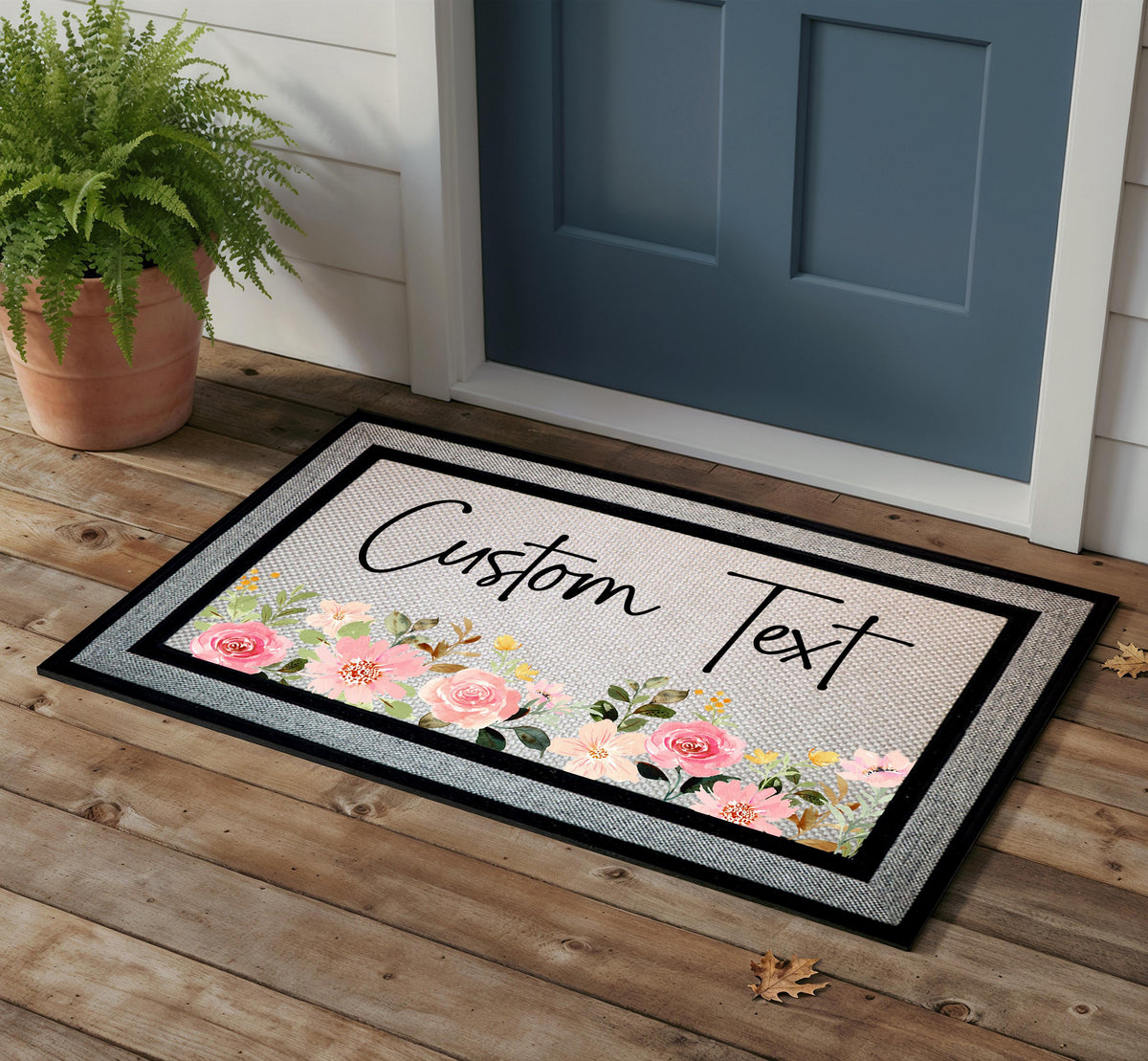 Custom Text Floral Doormat, Personalized Welcome Mat, Boho Roses Front Porch Decor