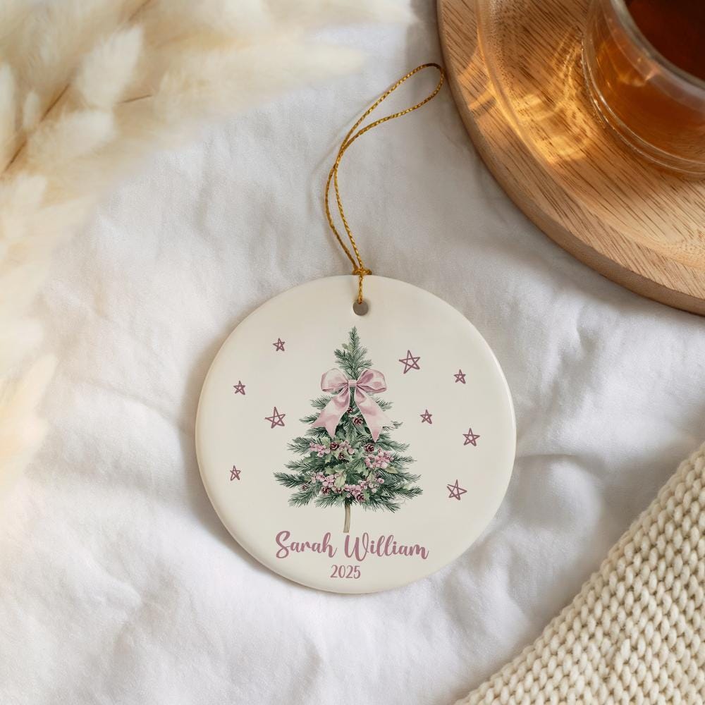 Custom Name Christmas Tree Design Ornament, Pink Coquette Christmas Gift For Her