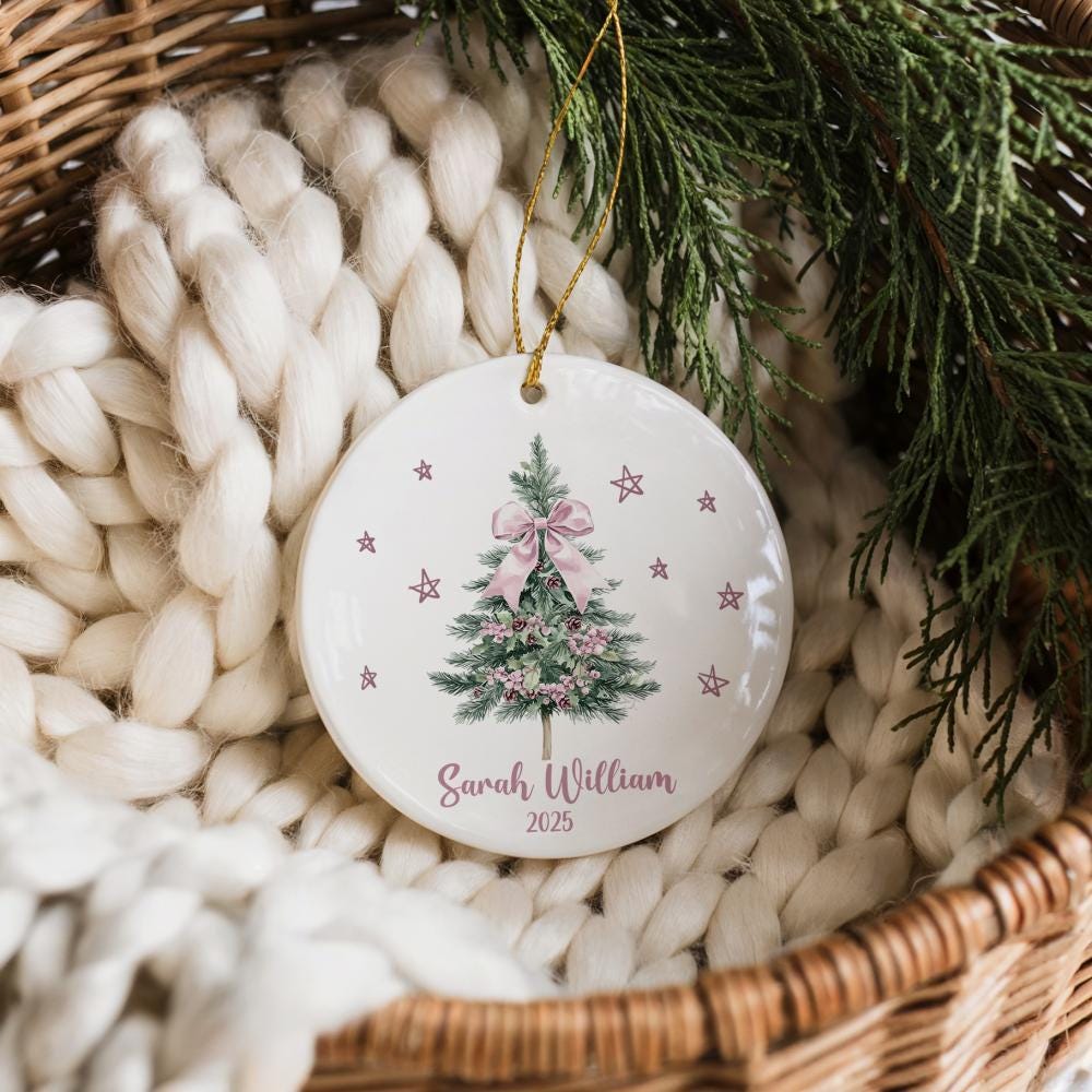 Custom Name Christmas Tree Design Ornament, Pink Coquette Christmas Gift For Her
