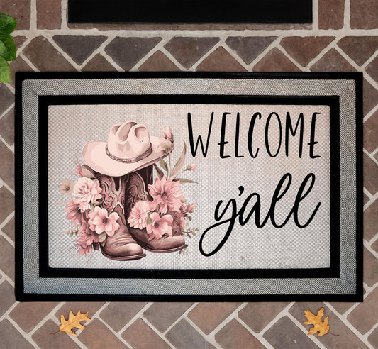 Western Welcome Mat, Boot and Hat Welcome Y’all Doormat, Western Country Entry Rug