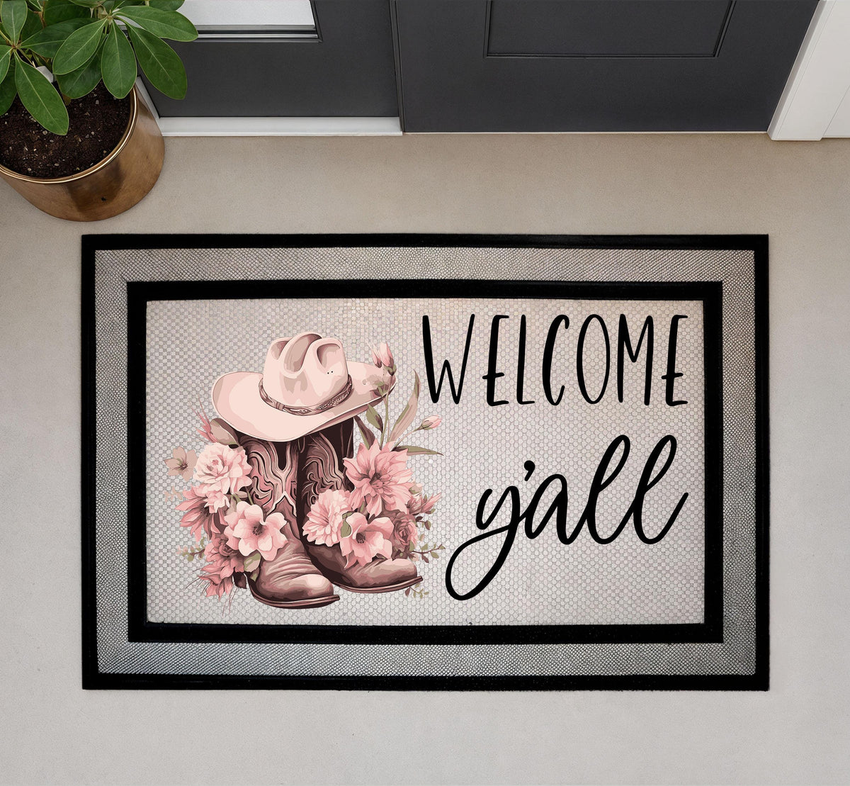 Western Welcome Mat, Boot and Hat Welcome Y’all Doormat, Western Country Entry Rug