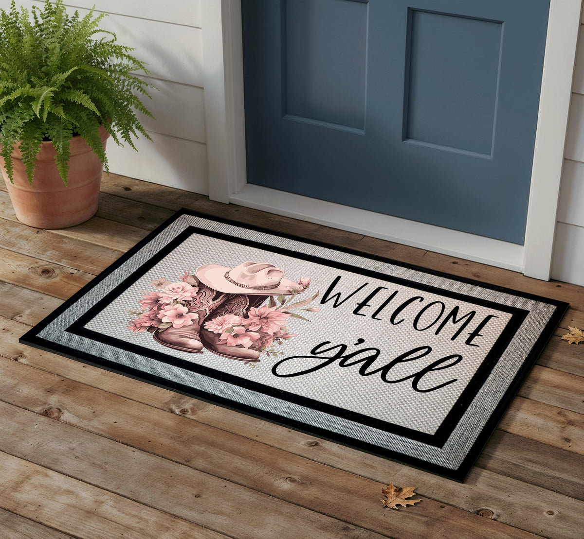 Western Welcome Mat, Boot and Hat Welcome Y’all Doormat, Western Country Entry Rug