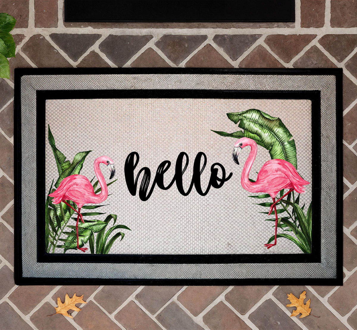 Pink Flamingo Doormat, Summer Front Porch Decor, Tropical Leaves Welcome Mat