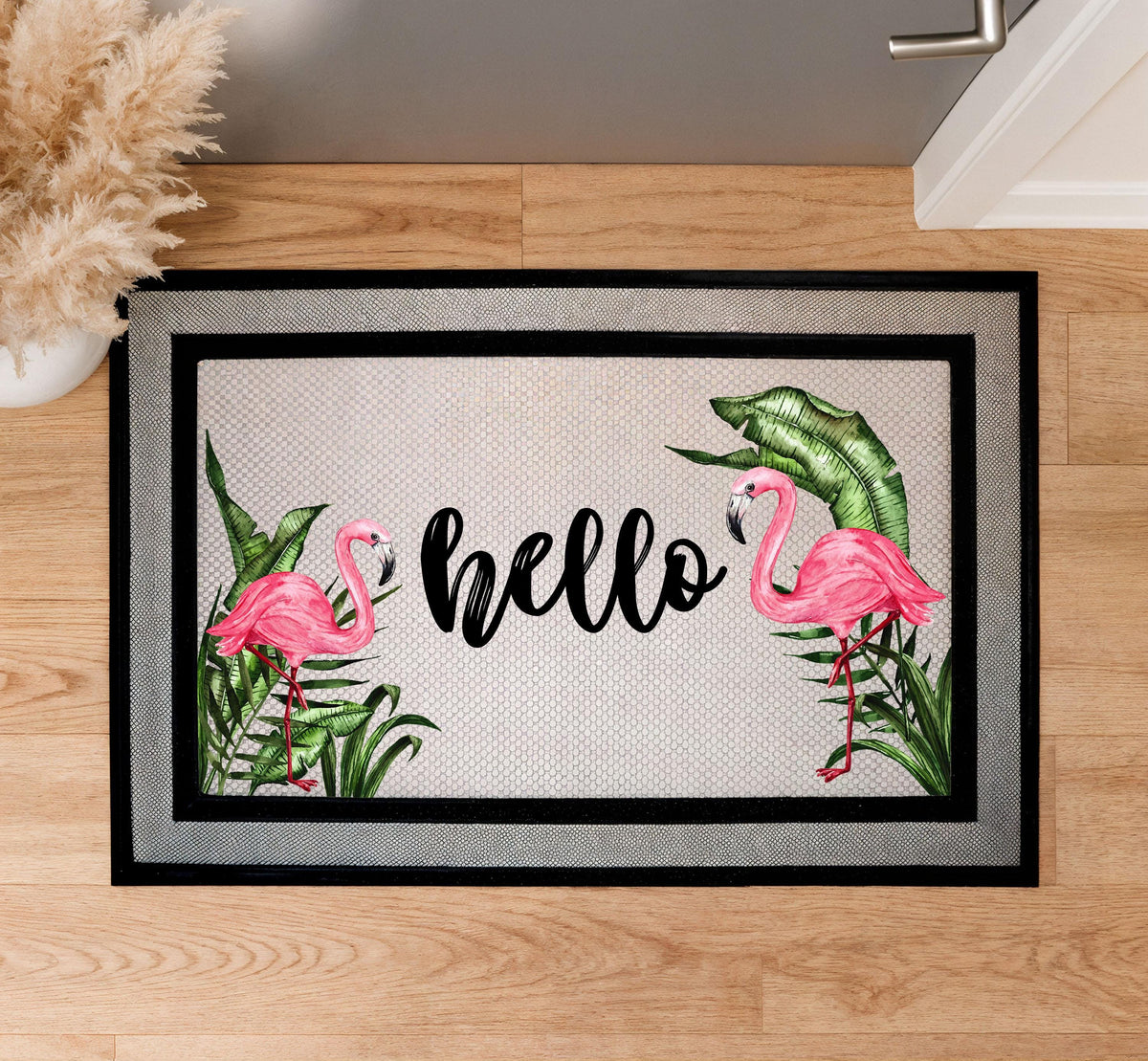 Pink Flamingo Doormat, Summer Front Porch Decor, Tropical Leaves Welcome Mat