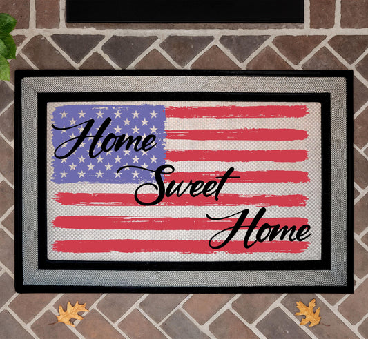 Home Sweet Home US Flag Welcome Doormat, Patriotic Door Mat, American Flag Design Mat