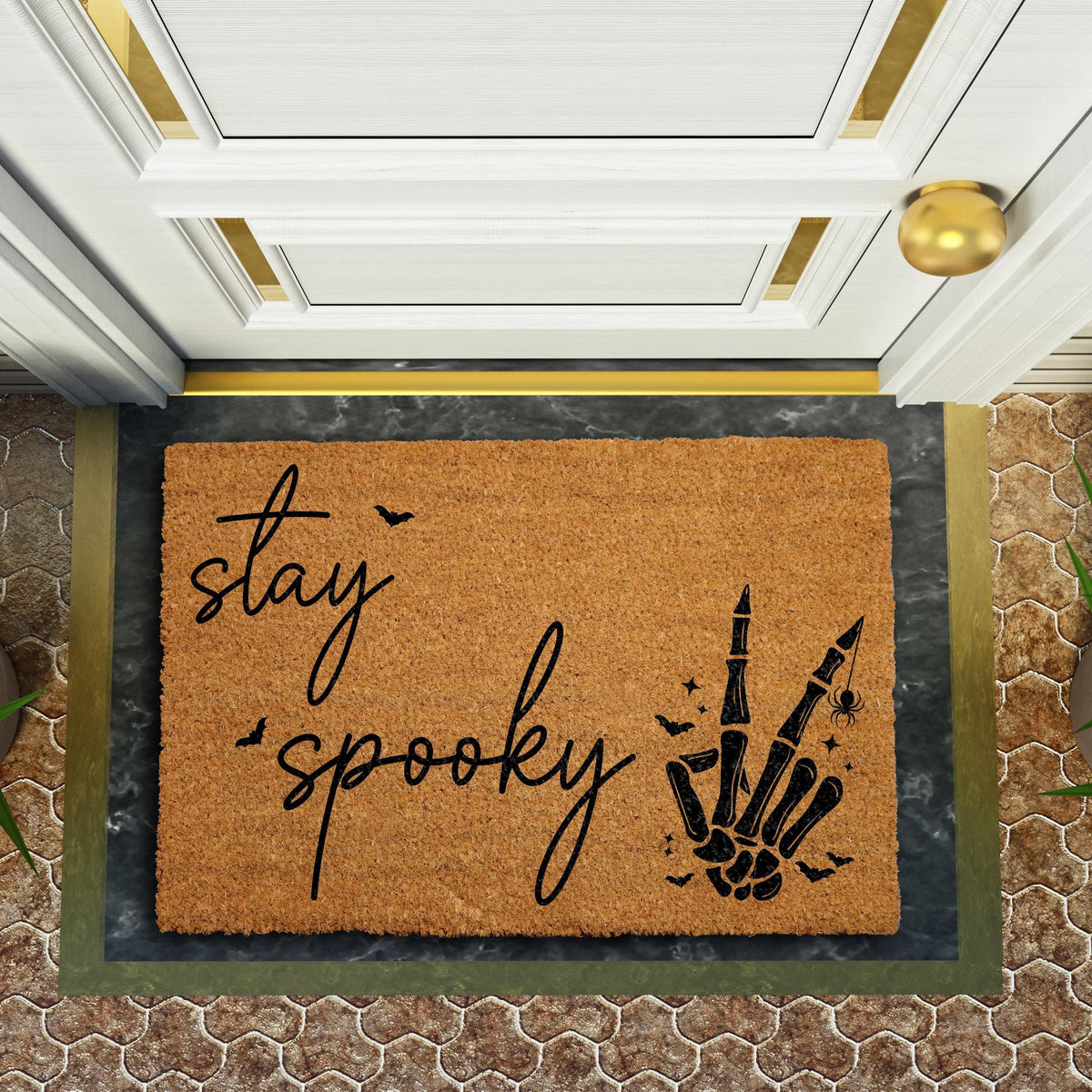 Stay Spooky Doormat, Funny Halloween Welcome Mat, Skeleton Peace Sign Entrance Rug