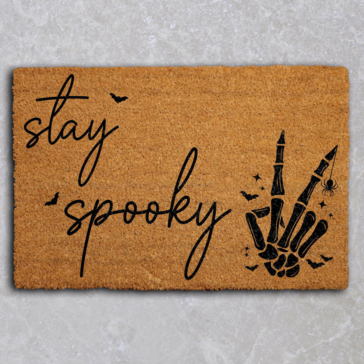 Stay Spooky Doormat, Funny Halloween Welcome Mat, Skeleton Peace Sign Entrance Rug