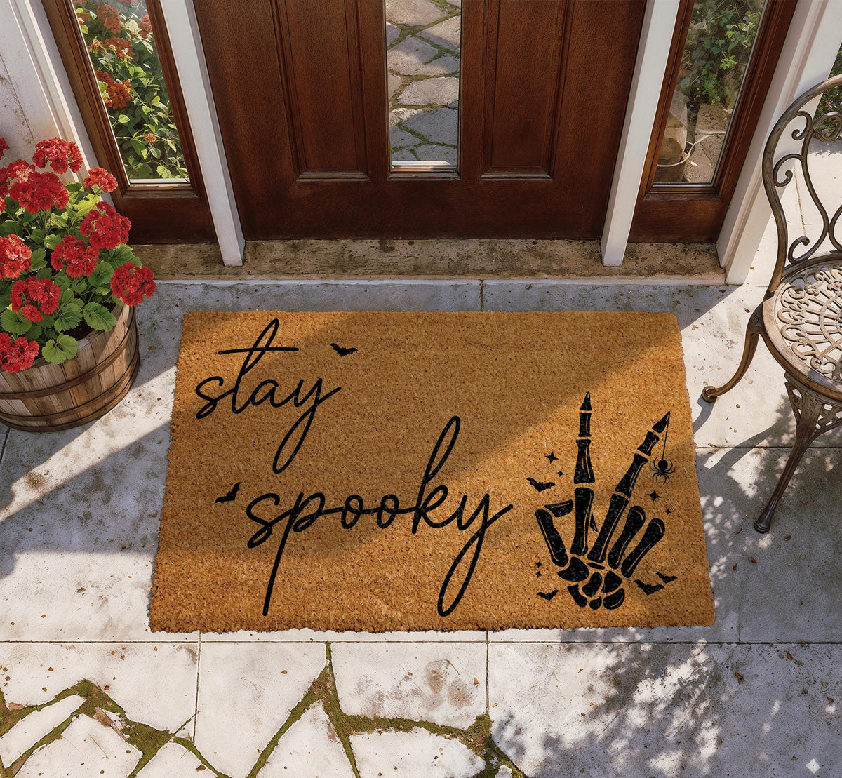 Stay Spooky Doormat, Funny Halloween Welcome Mat, Skeleton Peace Sign Entrance Rug