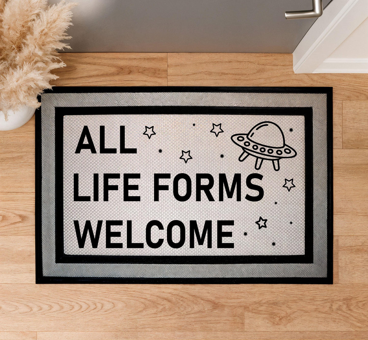 All Life Forms Welcome Doormat, Funny Alien Mat, Humorous UFO Outer Decor