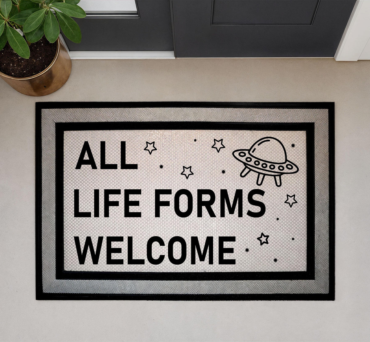 All Life Forms Welcome Doormat, Funny Alien Mat, Humorous UFO Outer Decor