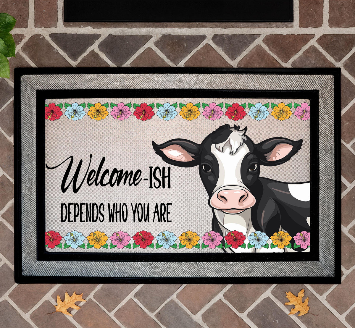 Retro Welcome-Ish Cow Doormat, Funny Entryway Rug, Sublimation Sarcastic Welcome Mat