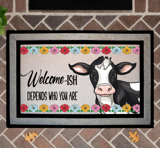 Retro Welcome-Ish Cow Doormat, Funny Entryway Rug, Sublimation Sarcastic Welcome Mat