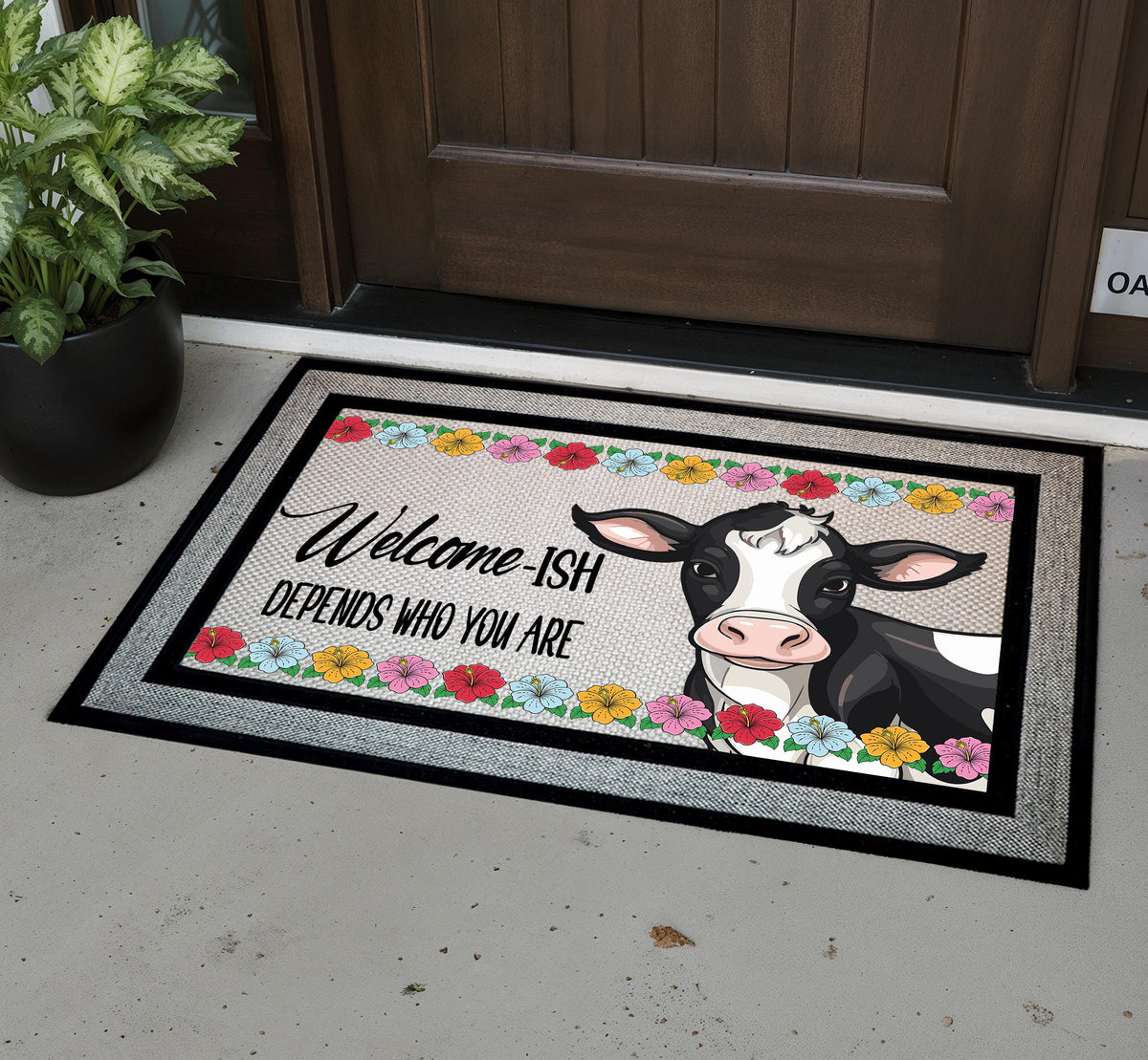 Retro Welcome-Ish Cow Doormat, Funny Entryway Rug, Sublimation Sarcastic Welcome Mat