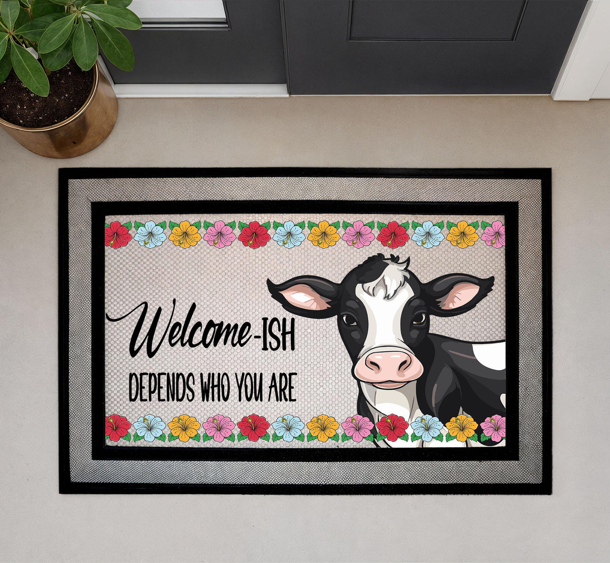 Retro Welcome-Ish Cow Doormat, Funny Entryway Rug, Sublimation Sarcastic Welcome Mat