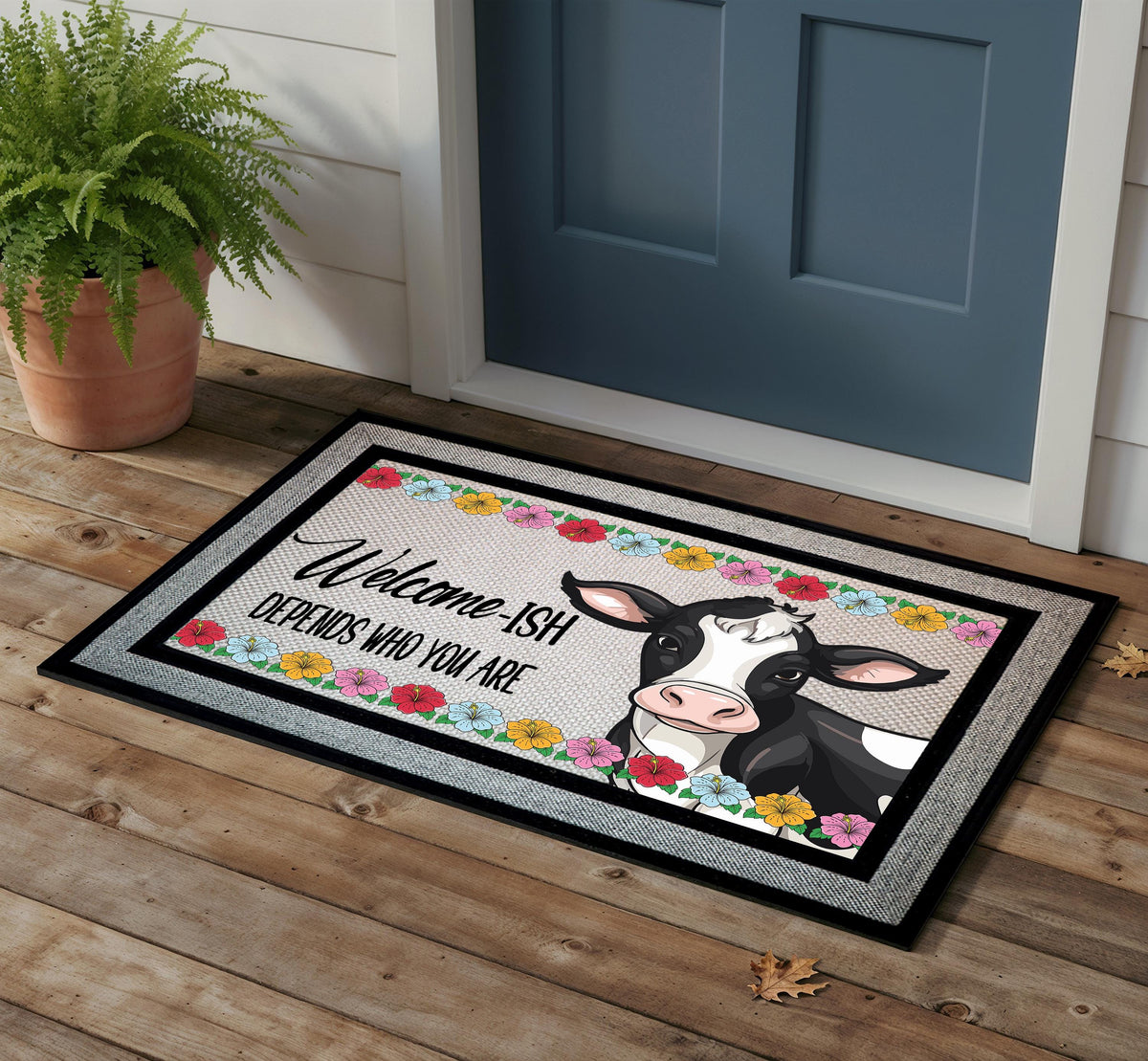 Retro Welcome-Ish Cow Doormat, Funny Entryway Rug, Sublimation Sarcastic Welcome Mat