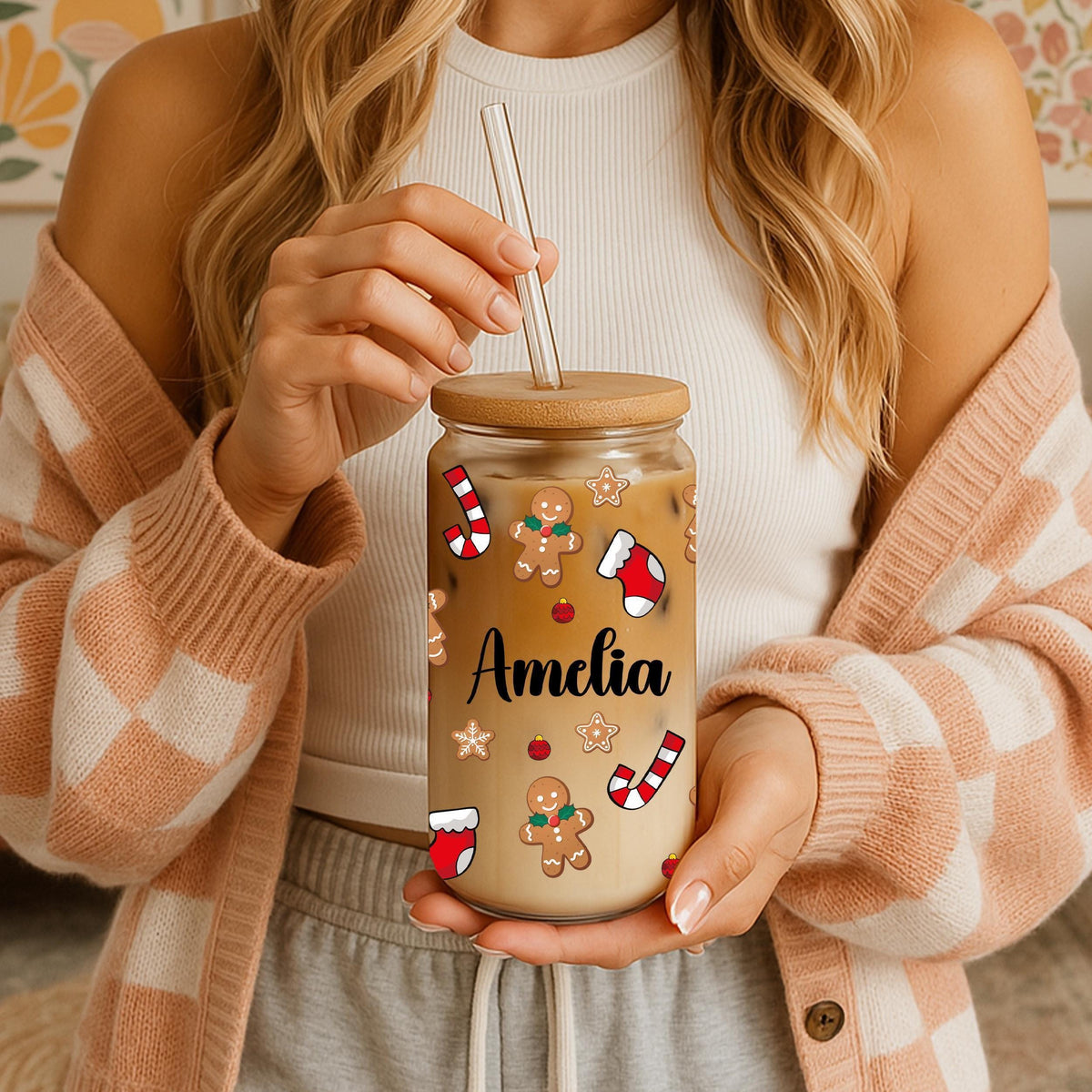 Customizable Gingerbread Men & Candy Can Design Cup, Cute Kids Christmas Can Glass Tumbler