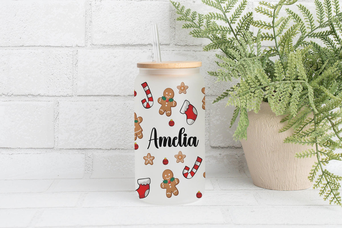 Customizable Gingerbread Men & Candy Can Design Cup, Cute Kids Christmas Can Glass Tumbler