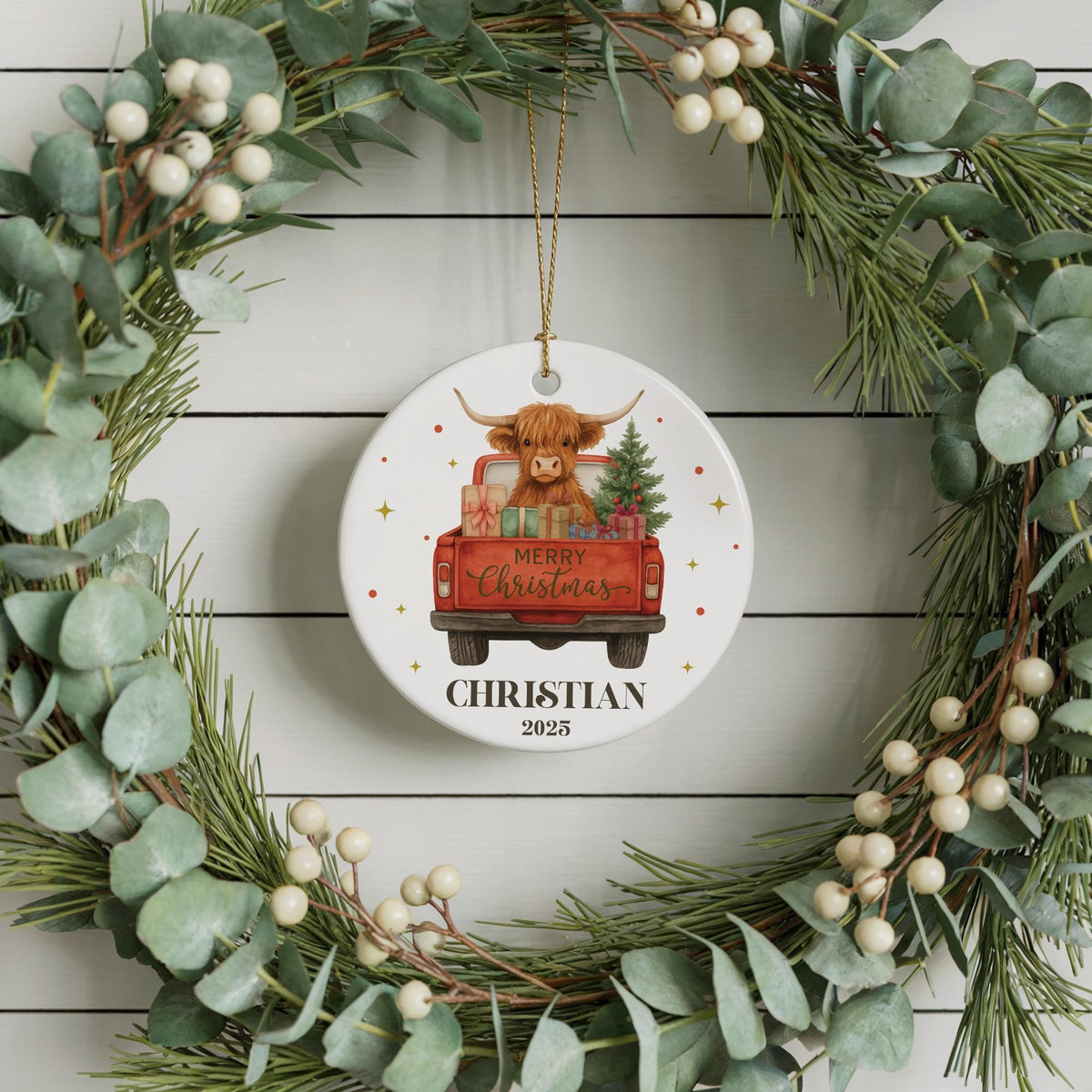 Personalized Highland Cow Christmas Ornament, Red Truck Design Ceramic Keepsake