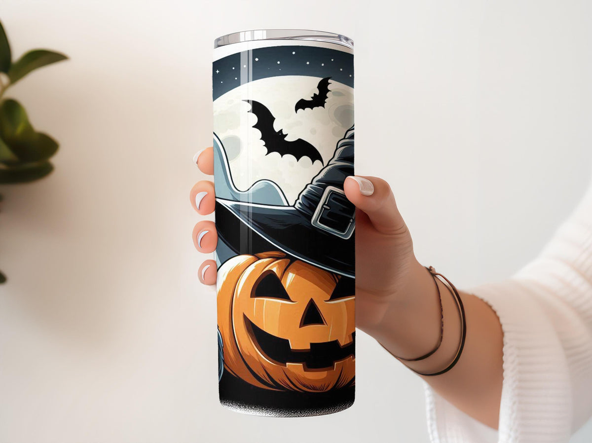 Halloween Tumbler with Ghost Black Cat and Pumpkin