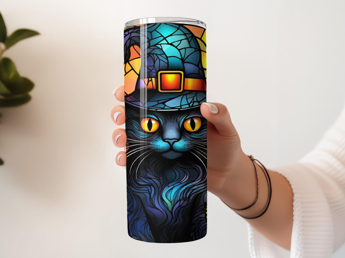 Black Cat Wearing Witch Hat Tumbler With Straw